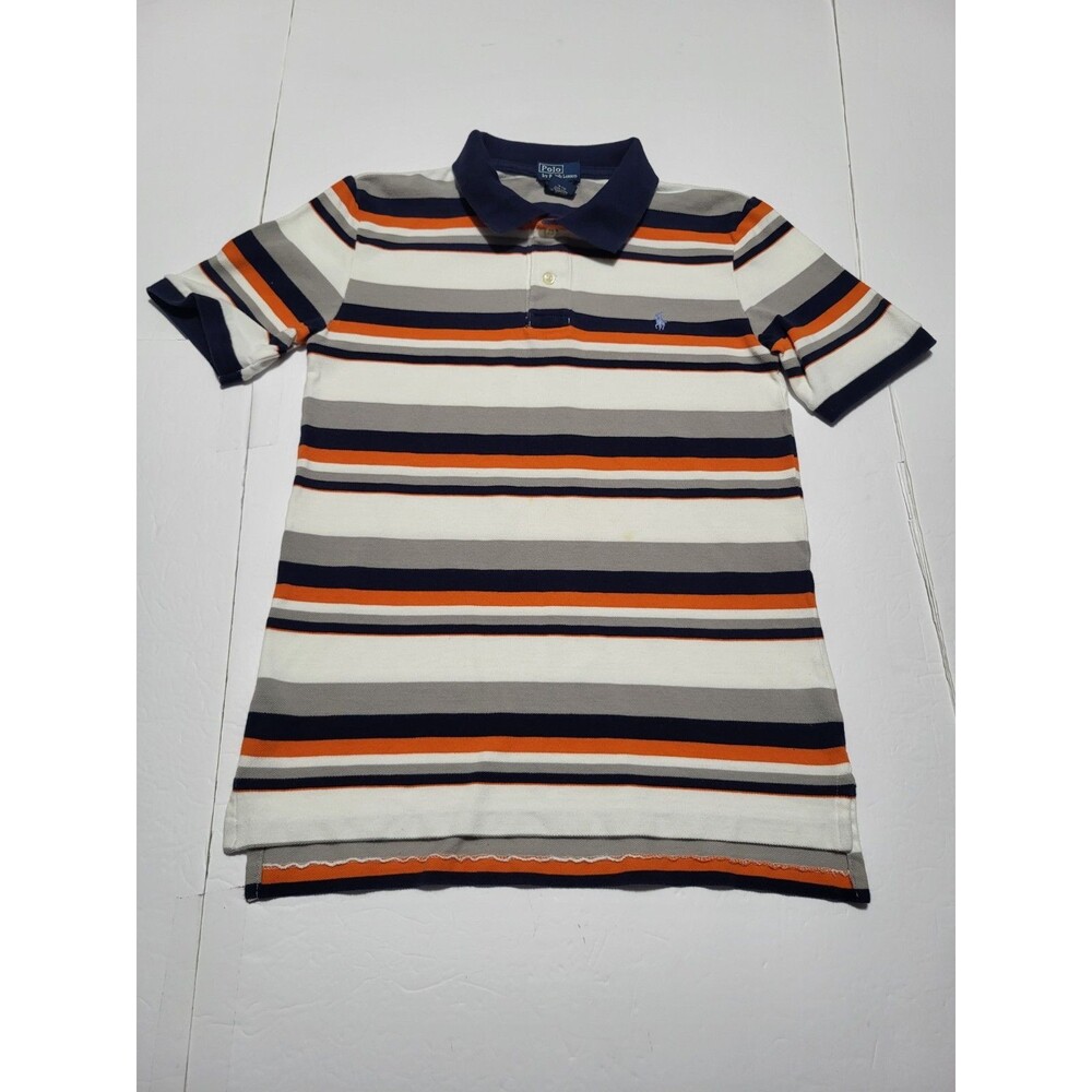 (#L6) Ralph Lauren's Polo Youth L (14-16) Orange Stripes Blue White Short sleeve